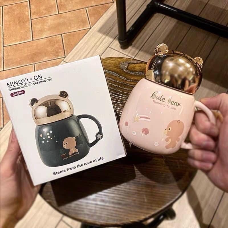 Cốc giữ nhiệt❤️SALE❤️Cốc sứ uống sữa uống cafe có tay cầm hình gấu siêu dễ thương có nắp đậy tiện dụng