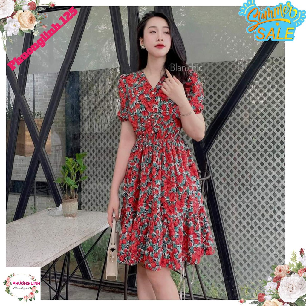 VÁY HOA ĐỎ VINTAGE CỔ V CHUN EO | BigBuy360 - bigbuy360.vn