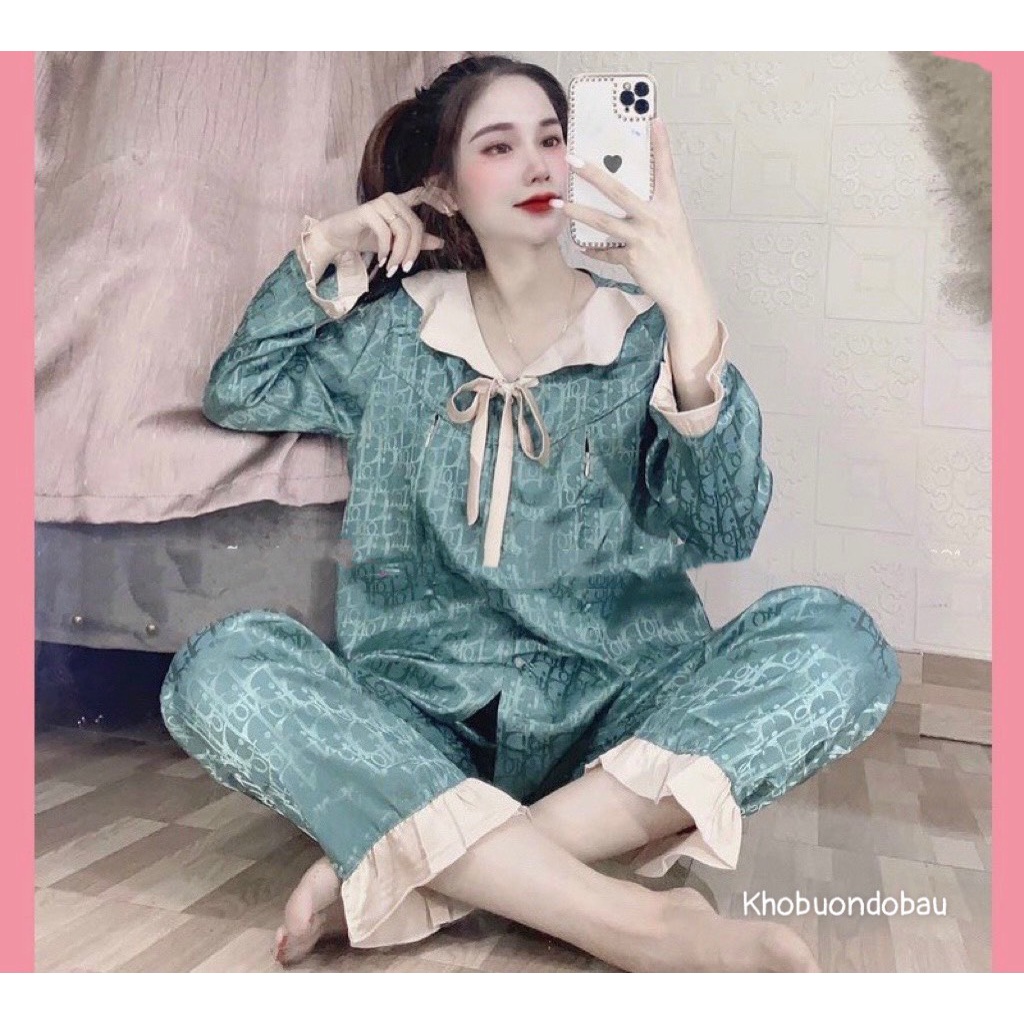 Bộ đồ bầu mặc nhà và sau sinh  lụa gấm cao cấp -  Bộ pijama dài tay họa tiết dây nơ trước ngực BD947