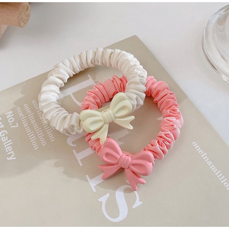 Cột tóc vải scrunchies hàn quốc kèm nơ HỒNG KEM dễ thương S19