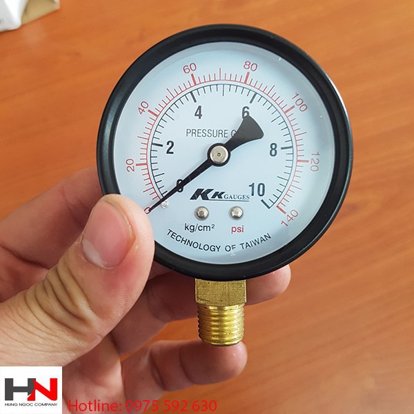 Đồng hồ áp xuất hơi 10kg phi 63 Đài Loan dùng đo áp hơi và áp nước chân ren 1/4
