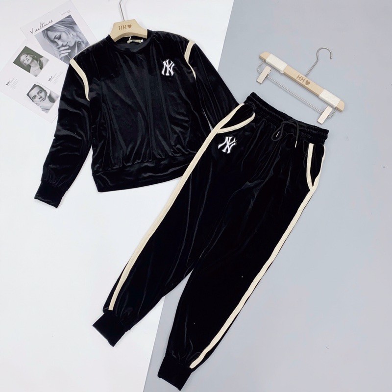 S6311 Set Nhung Thể Thao NY Phối Áo Dài Tay Cổ Tròn Và Quần Tập Bo Gấu Chất Dãn Nhẹ Mặc Thoải Mái