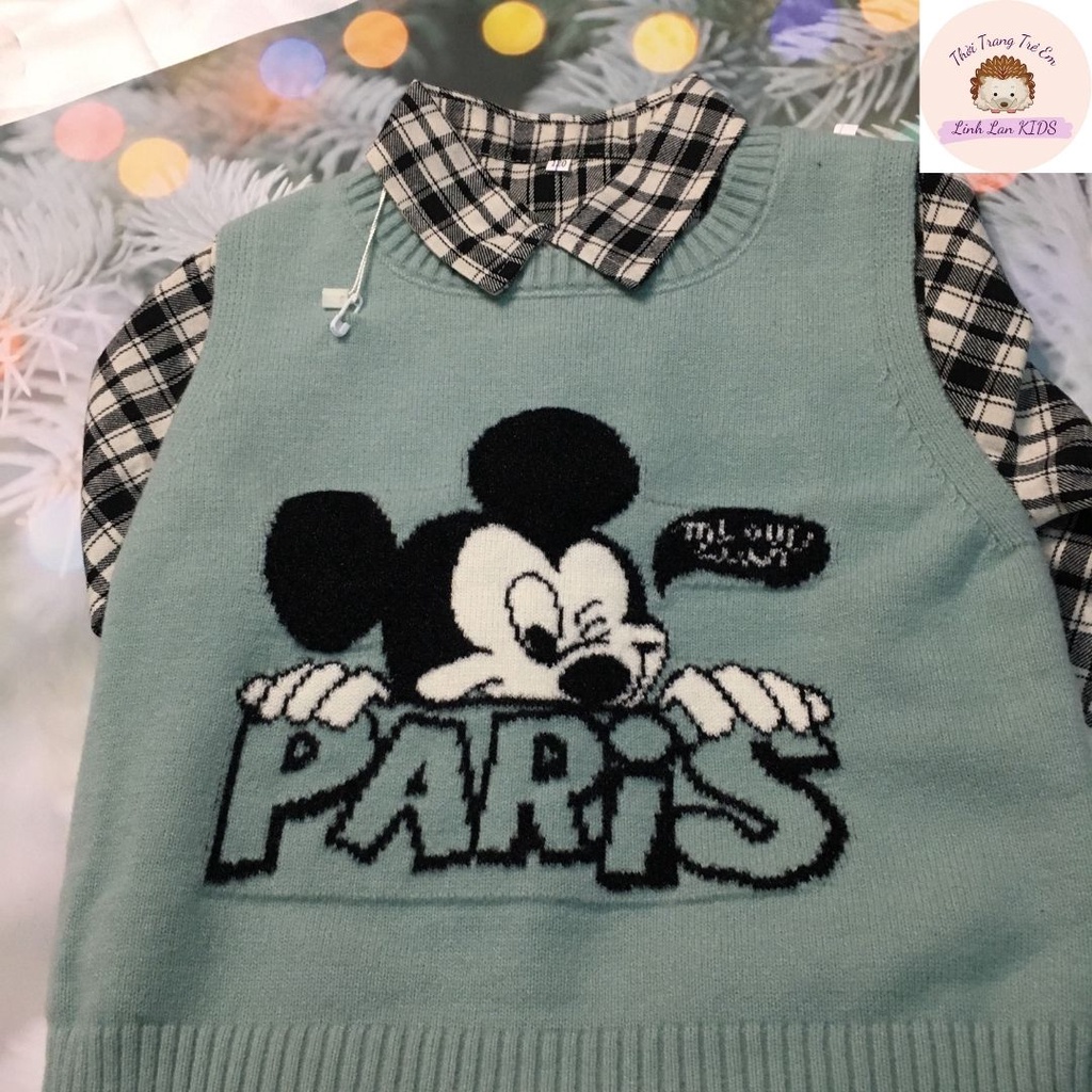 Áo gile len Mickey Paris kết hợp áo sơ mi phong cách Hàn quốc cho bé trai bé gái từ 11-23kg