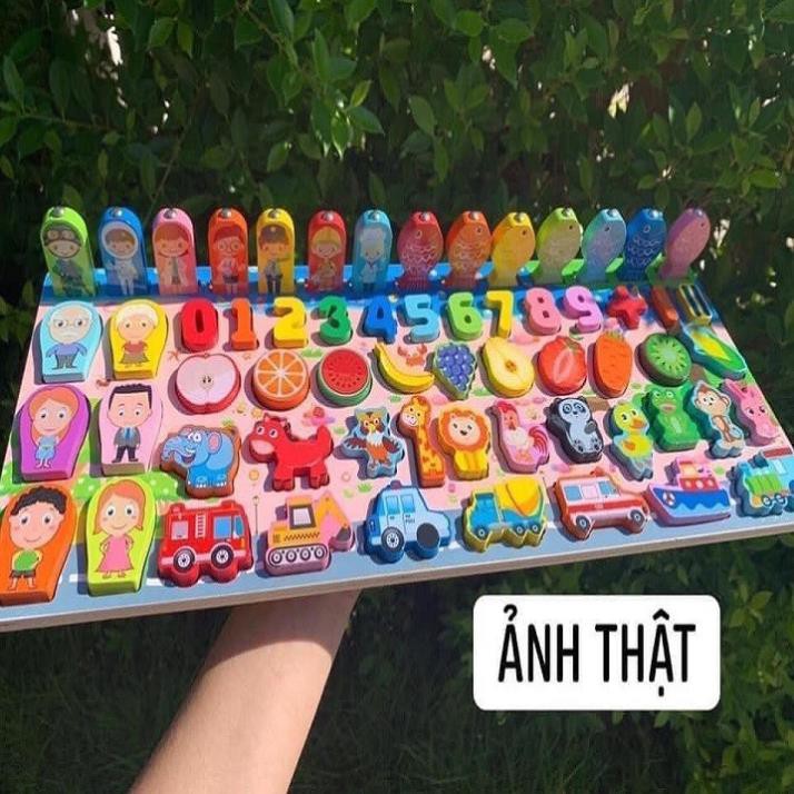 Bộ câu cá gỗ kết hợp xếp hình - Đồ chơi xếp hình bảng số, động vật