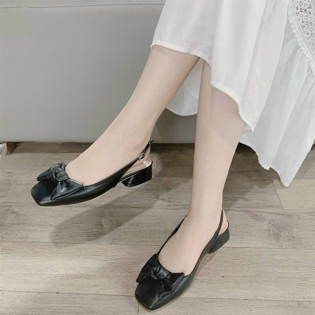 Giày sandal nữ dây khóa sau mũi phối nơ da 3 màu hot H159