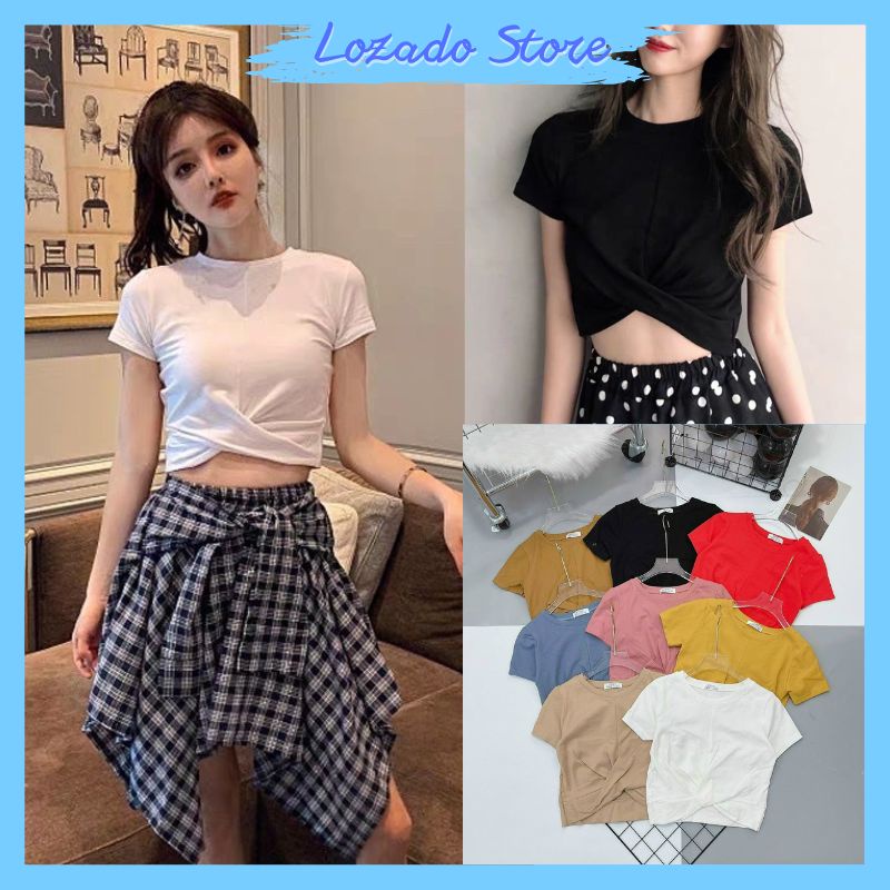 Áo kiểu nữ LOZADO áo phông croptop xoắn eo áo tập thể thao tập gym chất liệu co giãn mềm mát thoải mái A135