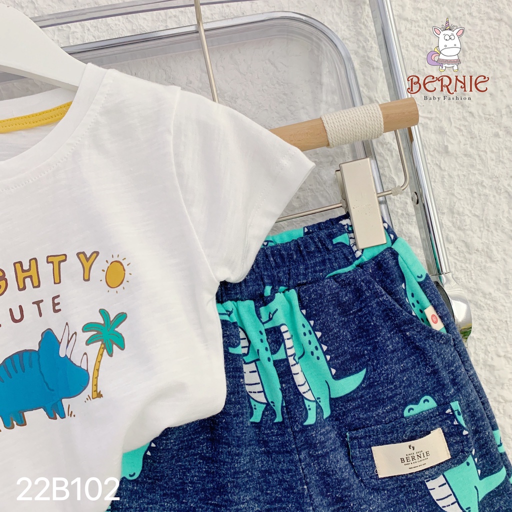 Bộ cotton cộc tay quần đùi hoạ tiết khủng long cho bé trai, bộ thun mềm mát mùa hè