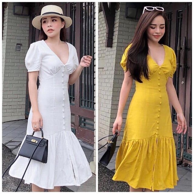 Đầm đuôi cá nút bọc 2 màu