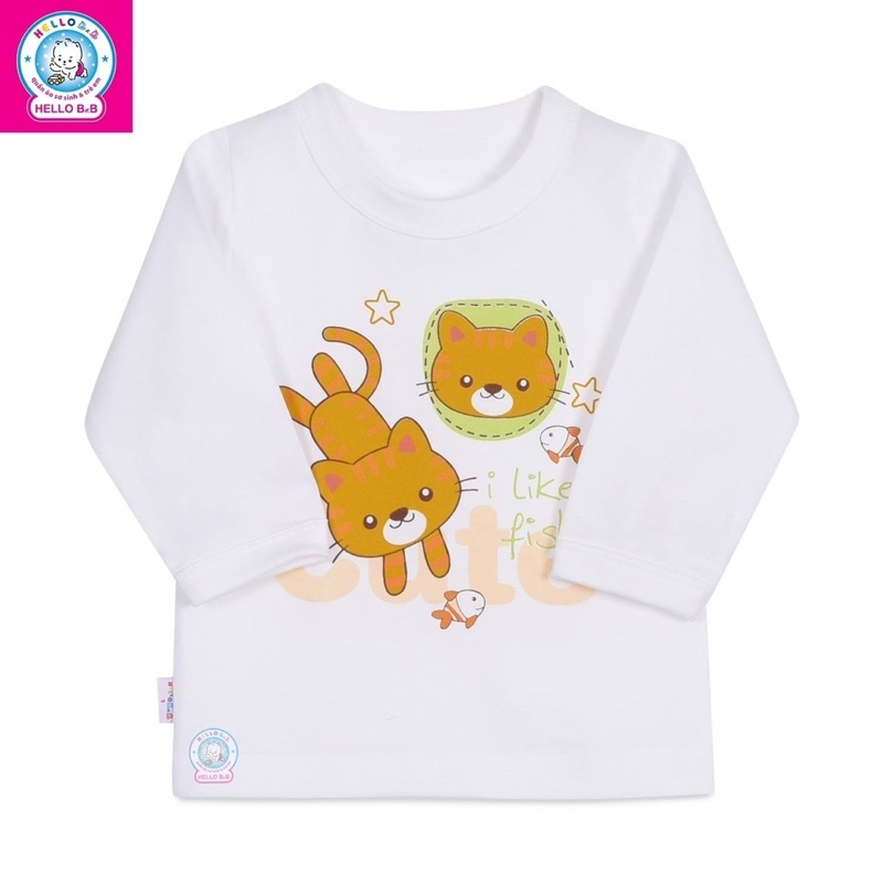 Size 1-10 bé trai/bé gái 6-35kg ÁO CỔ BO TRẮNG TAY DÀI Hello B&B hình in ngẫu nhiên Hellobb - Kiddy and Mommy