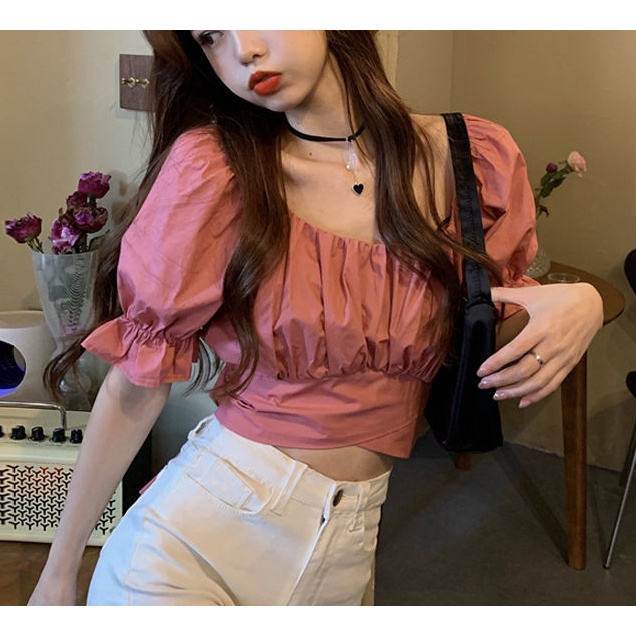 AMOI Áo Kiểu Tay Ngắn Cổ Vuông Thiết Kế Đan Dây Thời Trang Cho Nữ