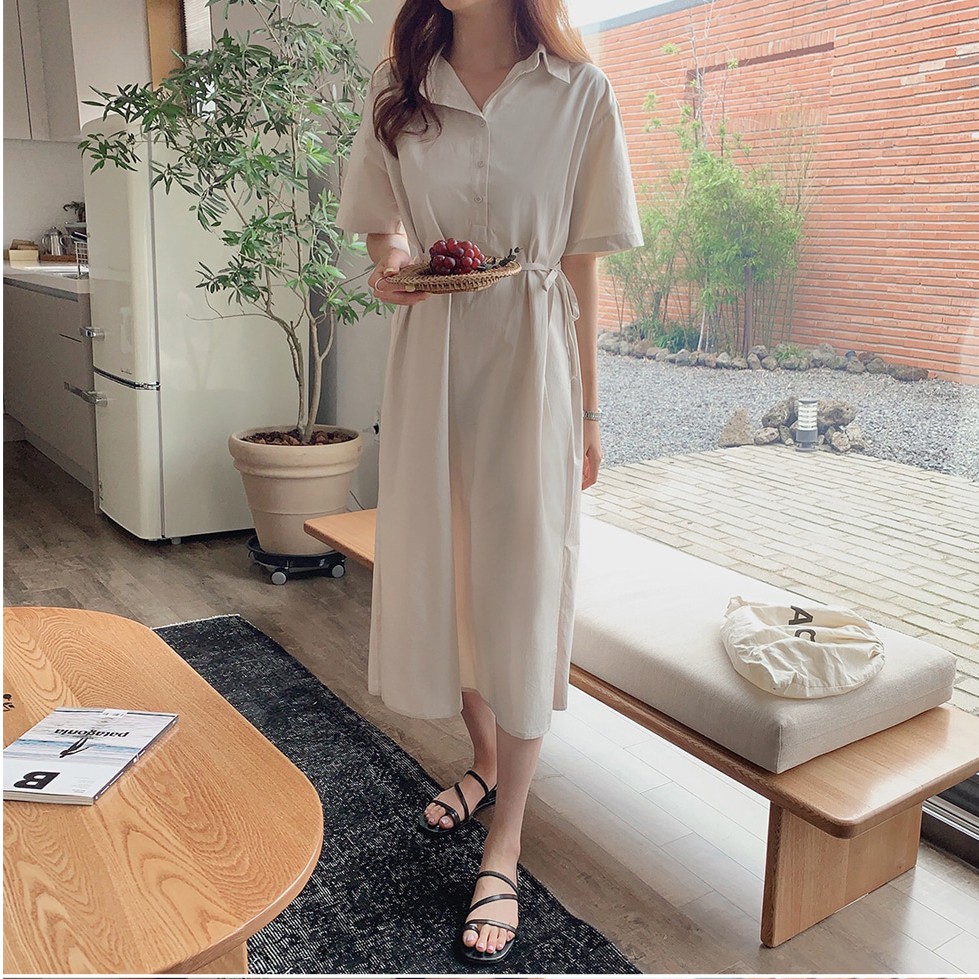 Đầm Midi 34892 Ngắn Tay Cổ Chữ V Trơn Màu Xinh Xắn