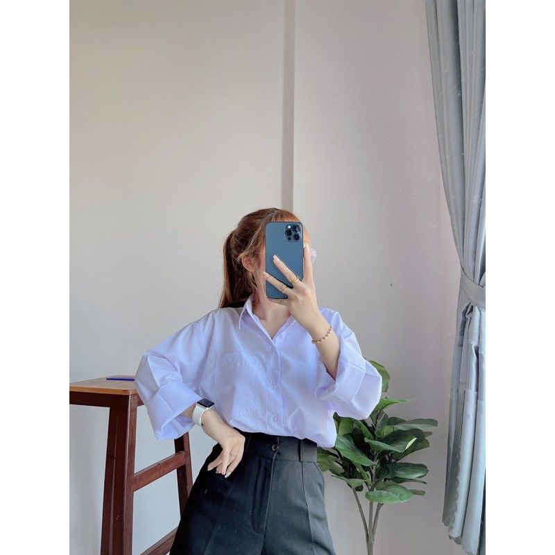 ÁO SƠ MI TRẮNG ĐI HỌC NỮ DÀI TAY FORM RỘNG và FORM VỪA - SƠ MI ĐI HỌC SINH NỮ TRẮNG DÀI TAY CÓ TÚI VẢI  MÁT