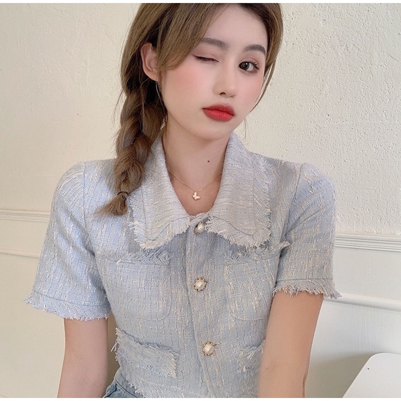 Sét áo dạ Tweed croptop và chân váy mini phong cách mùa thu mới