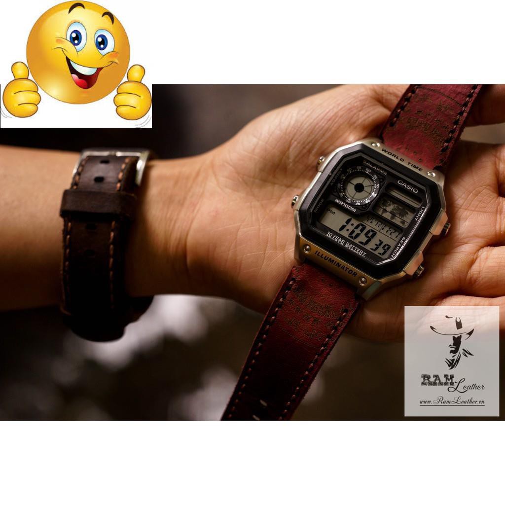 (MUA 1 ĐƯỢC 5) DÂY ĐỒNG HỒ TRỐNG ĐỒNG CASIO AE1200/SEIKO5 DA BÒ THẬT BURGUNDY ĐỎ .