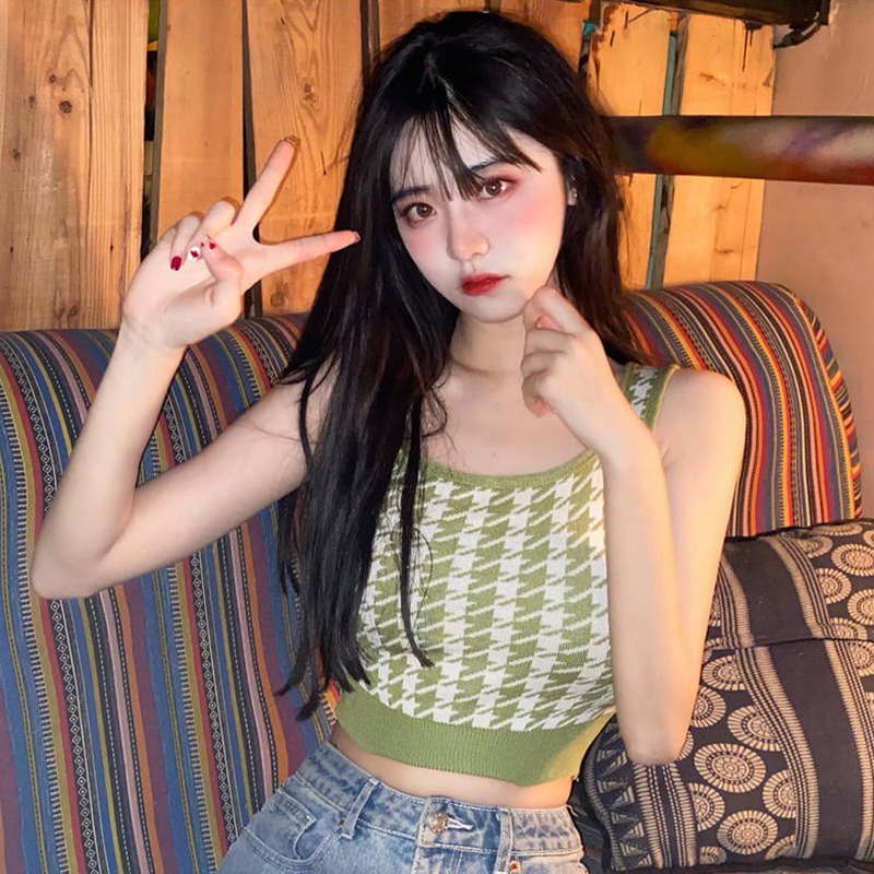 Áo Croptop Dệt Kim Sát Nách Cổ Vuông In Họa Tiết Thời Trang Hàn Quốc Cho Nữ