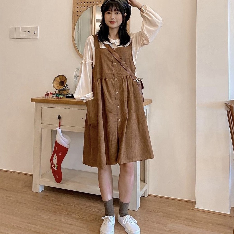 Set Yếm Váy Nhung Ulzzang Phối Sơ Mi Cách Điệu Màu Nâu Tây Xinh Xắn / Set đồ Lolita Nhật Bản