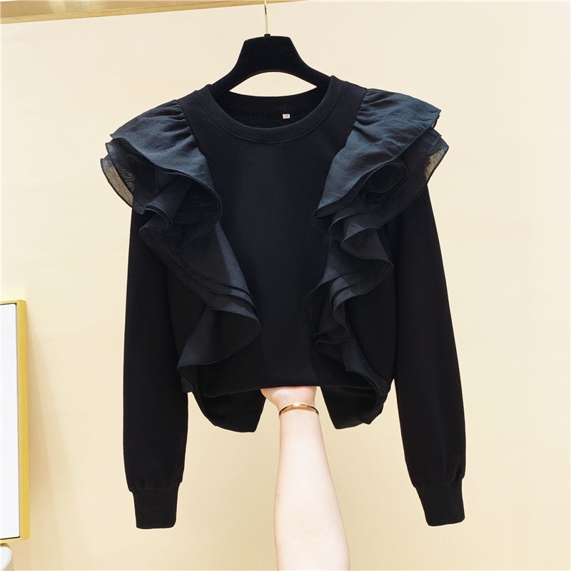 Áo sweater cổ tròn tay dài phối lưới thời trang mùa thu phong cách Hàn Quốc mới dành cho nữ 2021