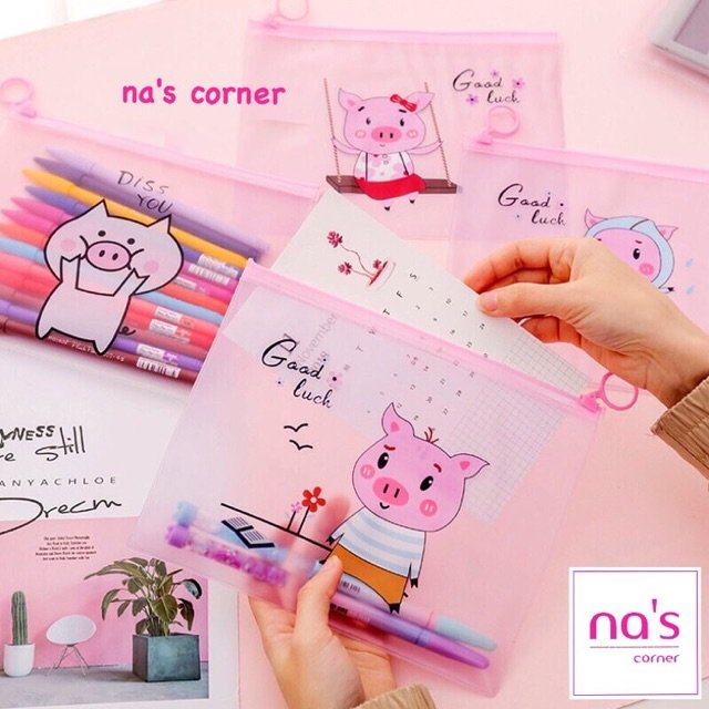 Túi zip ví chống thấm hình heo dễ thương đựng bút, mỹ phẩm size A5