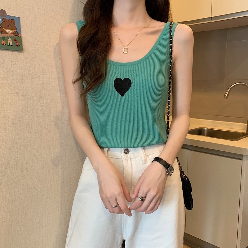 Áo không tay ZHELIHANGFEI dệt kim thêu họa tiết trái tim hở lưng xinh xắn