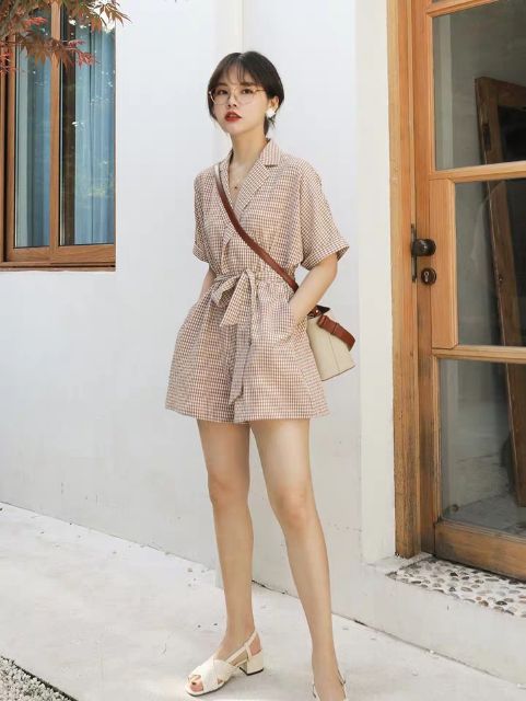 [HÀNG ORDER ] JUMPSUIT ngắn họa tiết kẻ caro kèm dây thắt eo siêu xinh và tôn dáng