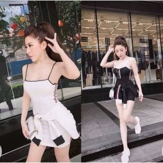 Set áo khoác và đầm body 2 dây phối viền ngắn
