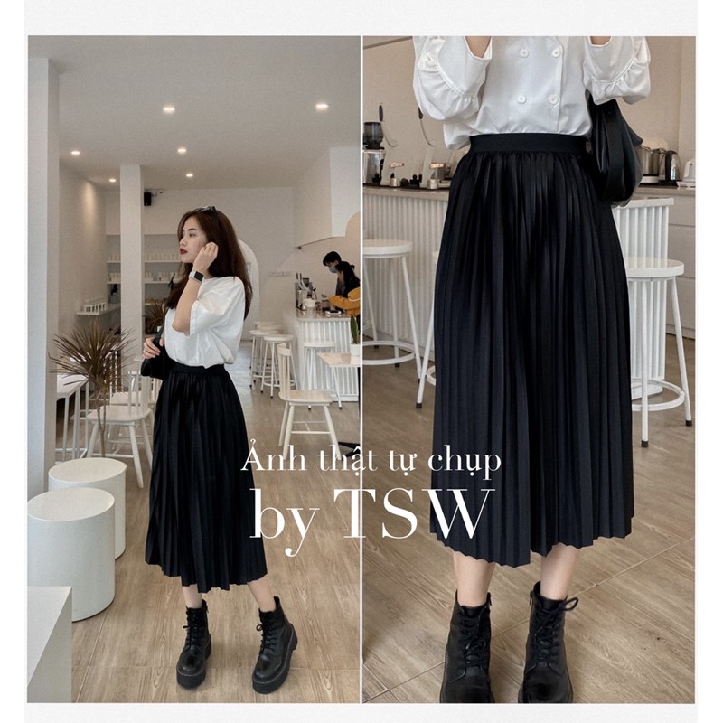[Mã 152FASHIONSALE giảm 12% đơn 99K] Chân váy xếp ly đen cạp chun hàng đẹp (Ảnh thật)
