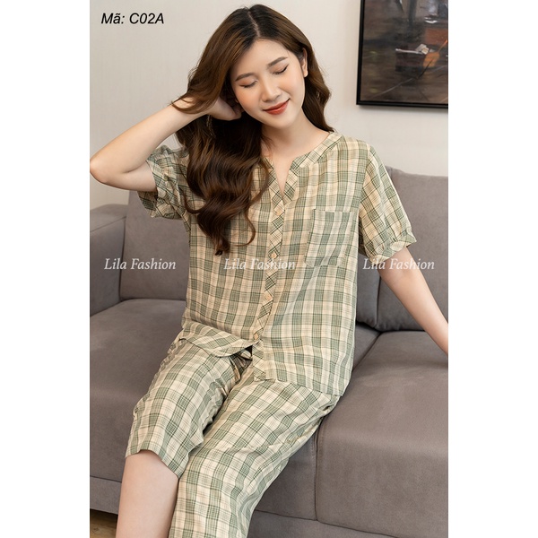 Bộ đồ nữ mùa hè mặc nhà ngắn tay kẻ caro cao cấp mềm mịn, mát