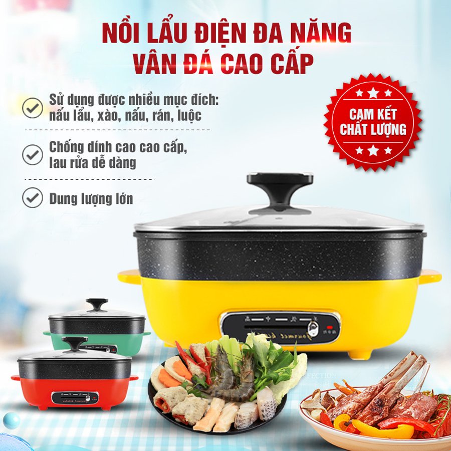 Nồi lẩu điện đa chức năng Bếp lẩu nướng vân đá chống dính chiên xào nấu, Bếp điện đa năng lau rửa dễ dàng