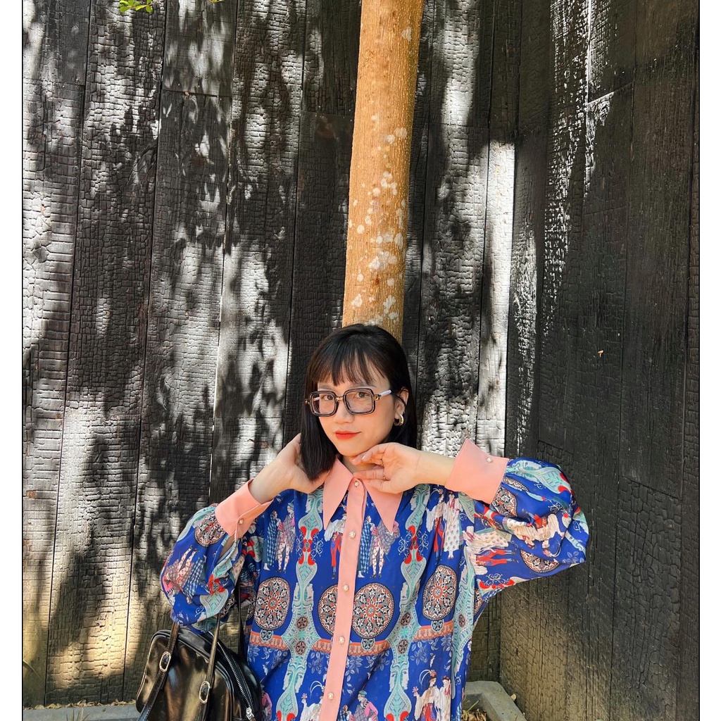 Áo hoạ tiết lụa cao cấp cúc ngọc nhẹ mát | HUYENTHAI