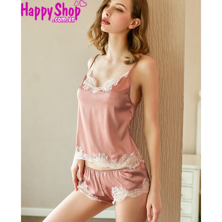 Bộ đồ ngủ lụa viền ren gợi cảm, bộ đồ ngủ hau dây phối ren sexy TK2216