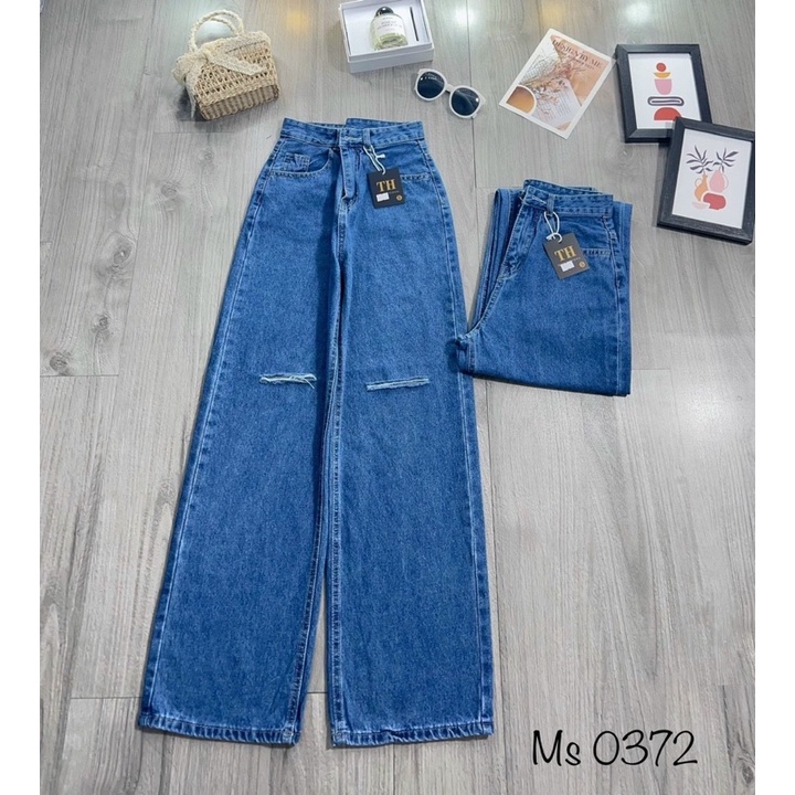 Baggy jeans lưng cao ống suông rách gối