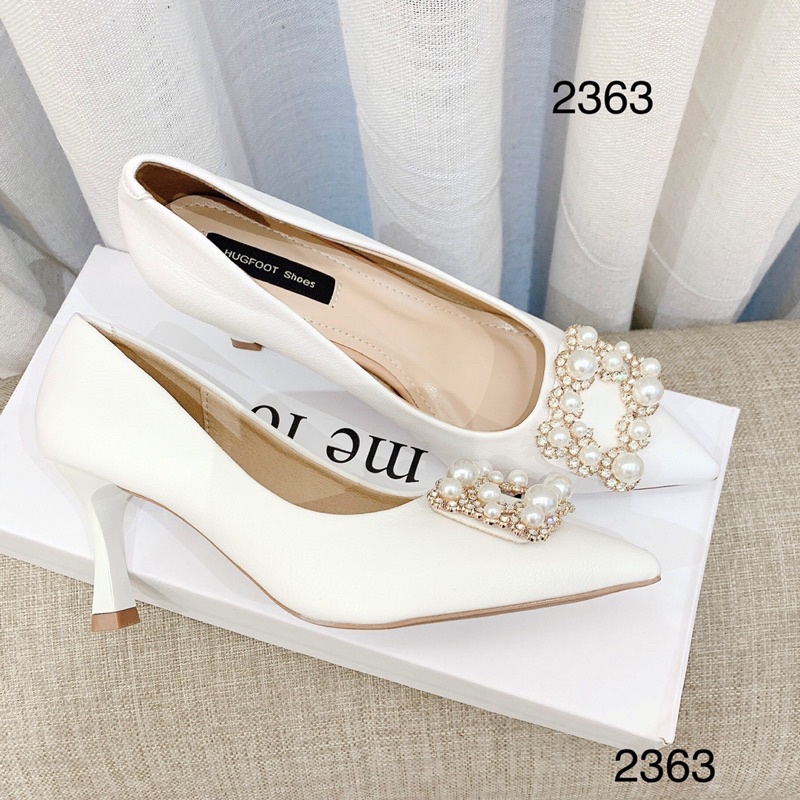 Giày cao gót nữ khoá ngọc gót 7cm màu trắng da siêu mềm- Thu Trang Shoes