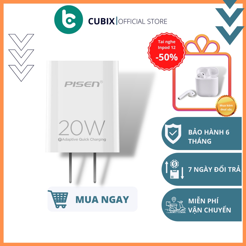 Bộ Cốc sạc/Củ sạc nhanh Pisen 18W/20W Cổng Type C Dành Cho Iphone/Ipad Sạc nhanh Không Nóng Máy