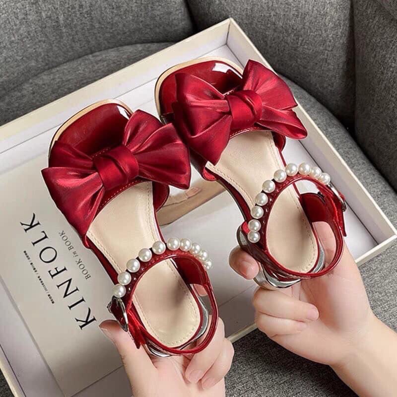 Giày Sandal Nơ Tiểu Thư Bé Gái, Sandal Quai Ngọc Công Chúa Cho Bé Gái