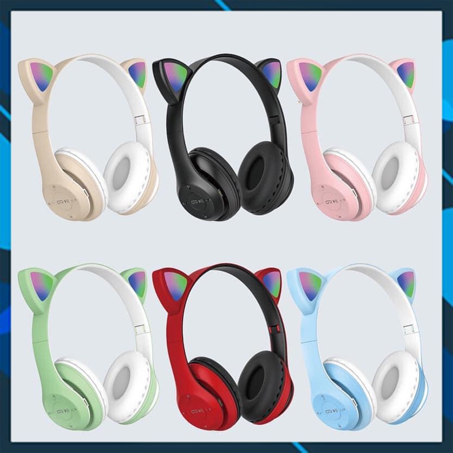 Tai nghe bluetooth không dây chụp tai 5.0  Mèo dễ thương chùm úp ụp tai có mic, đèn led, âm bass mạnh