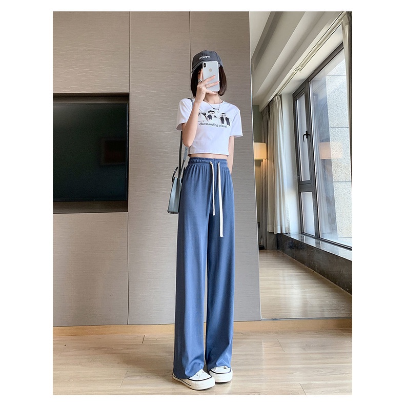 Quần Dài Lưng Cao Ống Rộng Phối Dây Rút Co Giãn Thời Trang Cho Nữ