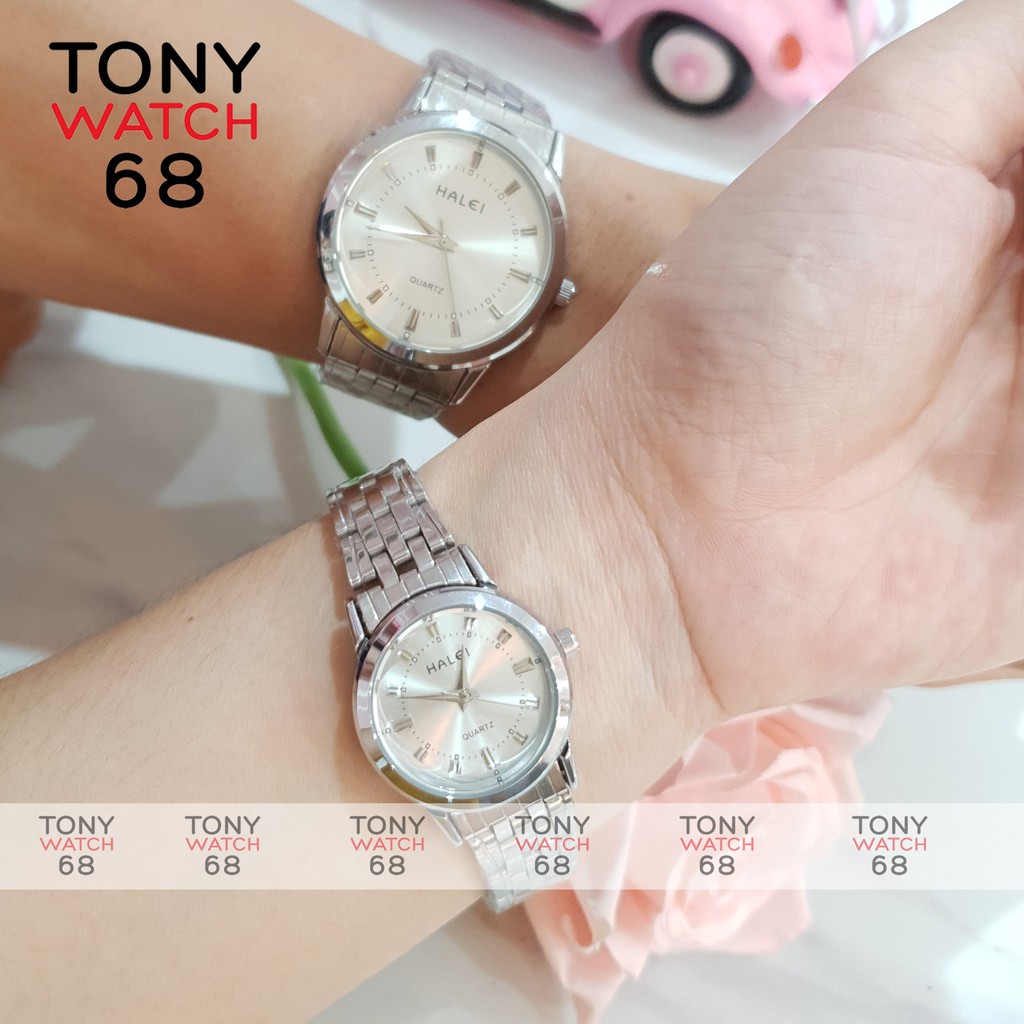 Đồng hồ cặp đôi nam nữ Halei mặt đen dây da kim loại chính hãng Tony Watch 68