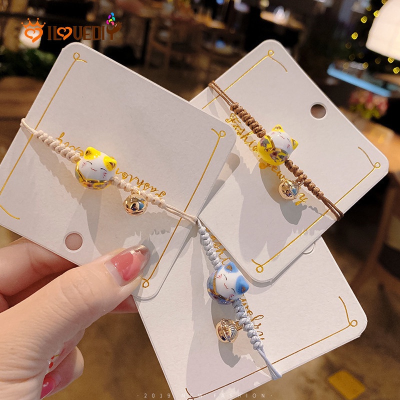 Vòng tay dây bện mặt hình mèo bằng gốm phong cách Hàn Quốc cho nữ