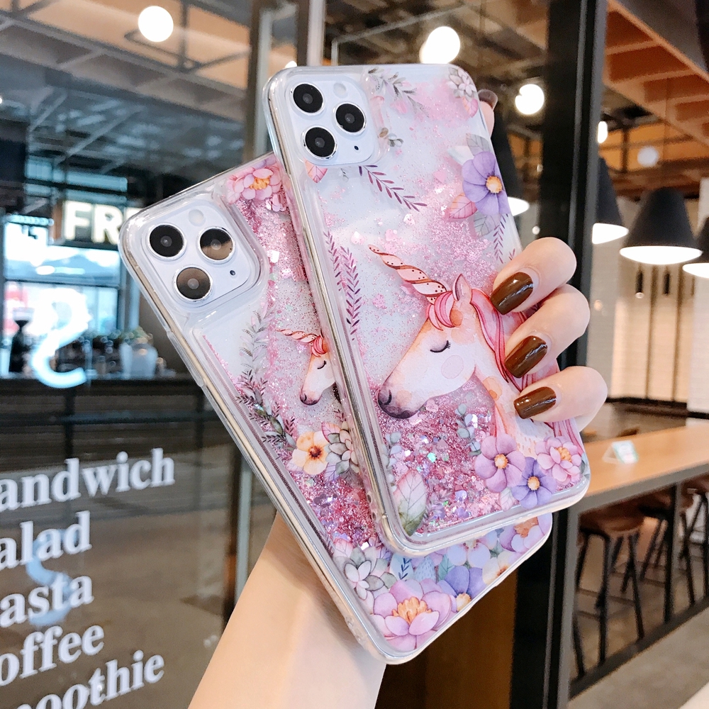 Ốp điện thoại TPU in hình kỳ lân phối kim tuyến nước màu hồng cho iPhone 6 6S 7 8 Plus XS Max XR 12 11 Pro Max SE 2020