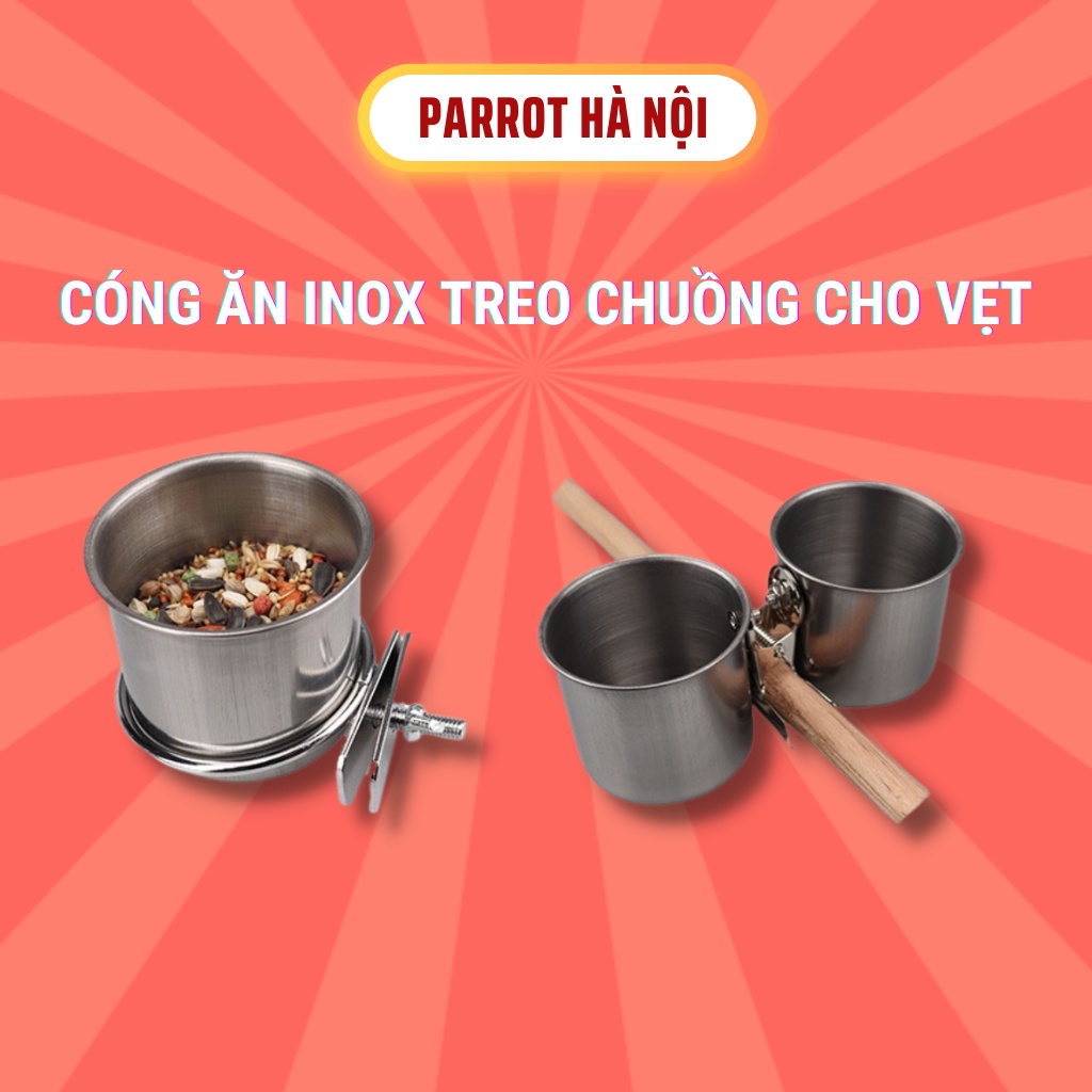 Cóng ăn treo lồng cho vẹt, chim, dụng cụ đựng đồ ăn, chất liệu inox chống rỉ sét, an toàn, dễ tháo rời, vệ sinh