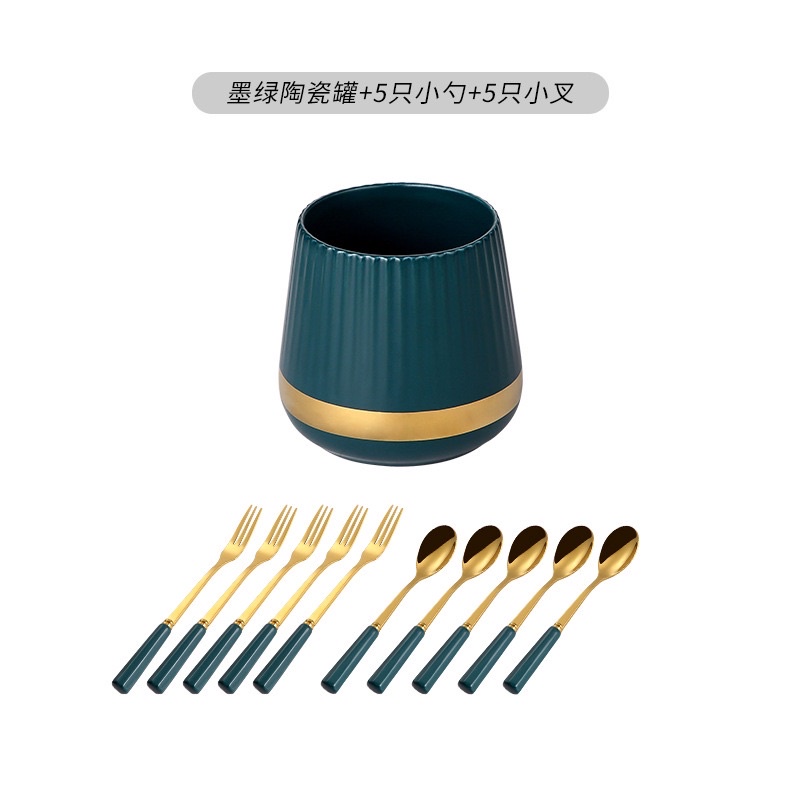 Combo 6 Thìa 6 Nĩa inox hoàng kim cán sứ kèm cốc sứ đựng kẻ vàng kim cao cấp | Hũ sứ xanh trắng kẻ vàng kèm thìa nĩa sứ