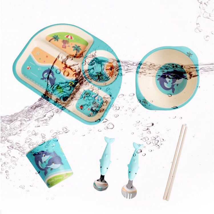 Set Ăn Dặm 6 Món Làm Từ Sợi Tre An Toàn Cho Bé, Khay Ăn Dạm Ngộ Nghĩnh