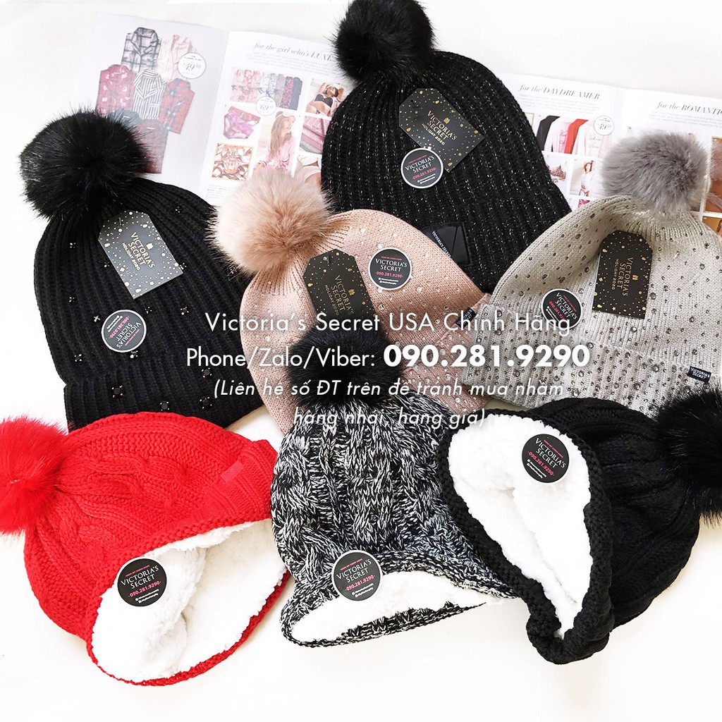 (54) Mũ len xám đính hạt cá tính sành điệu, phong cách Mỹ - Hàng nhập Victoria's Secret USA