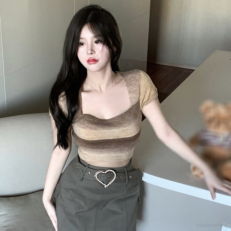 Áo Thun Croptop Dệt Kim Tay Ngắn Cổ Vuông Dáng Ôm Phong Cách Hàn Quốc Cho Nữ