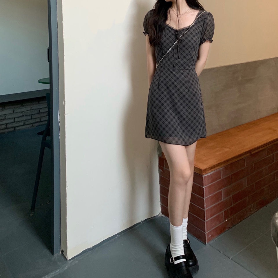Đầm Nữ Tay Ngắn Họa Tiết Caro Đen Xám Thời Trang