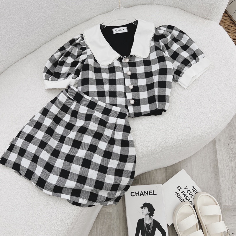 SET ÁO CARO CỔ SEN TRẮNG + CHÂN VÁY CARO