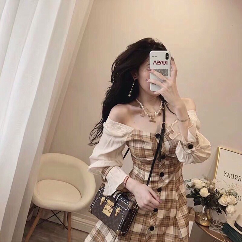 [ Mã FAMAYWA2 giảm 10K đơn 50K] Đầm tiểu thư trễ vai caro | BigBuy360 - bigbuy360.vn