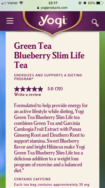 [CHÍNH HÃNG] Trà Thảo Mộc Hữu Cơ Yogi Hỗ Trợ Giảm Cân, Đẹp Dáng - Yogi Green Tea Blueberry Slim Life
