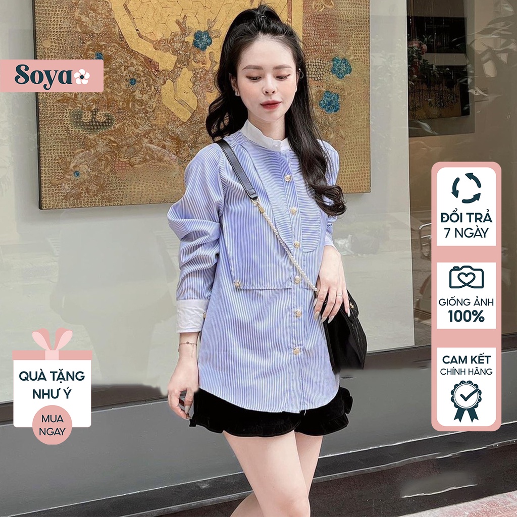 Áo sơ mi dài tay cổ tàu tiểu thư LOẠI 1 cúc vàng màu kẻ xanh dương Soya mã HA424 đủ size SML - Có ảnh thật