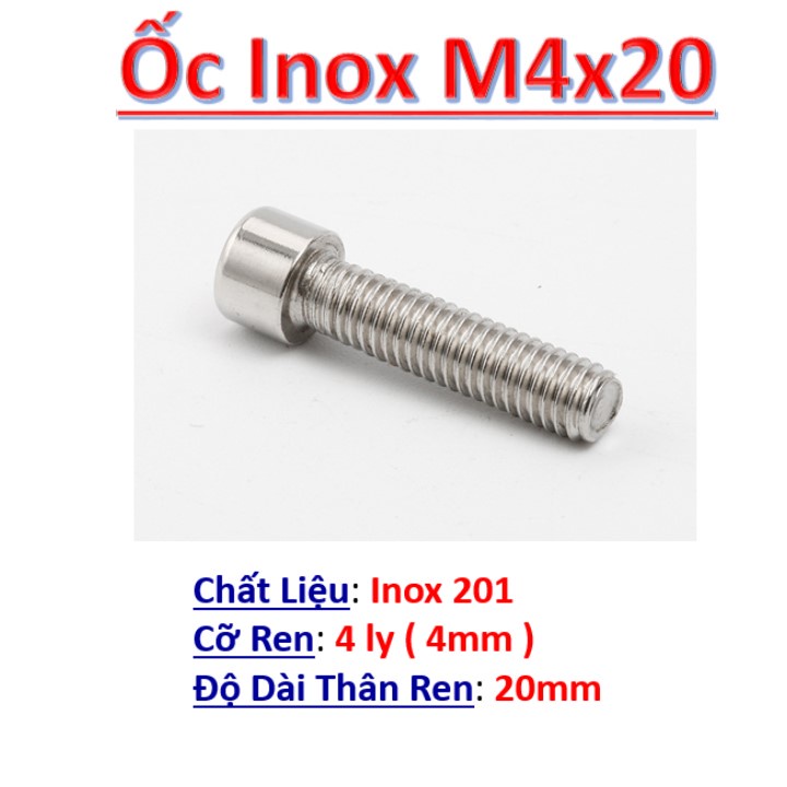 [20 cái] Ốc lục giác chìm 4ly, bulong (bu lông) inox 201 M4, vít chốt dài 14mm, 20mm, 30mm